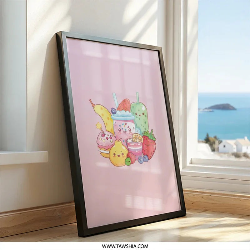 Kawaii Food Framed Wall Art, Cute Fruit and Drinks Illustration Print, Sweet Treats Home Decor, Pastel Colors Art, Kid Room Art - Tawshia