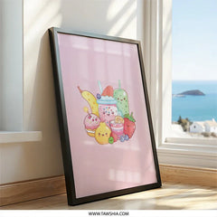 Kawaii Food Framed Wall Art, Cute Fruit and Drinks Illustration Print, Sweet Treats Home Decor, Pastel Colors Art, Kid Room Art - Tawshia
