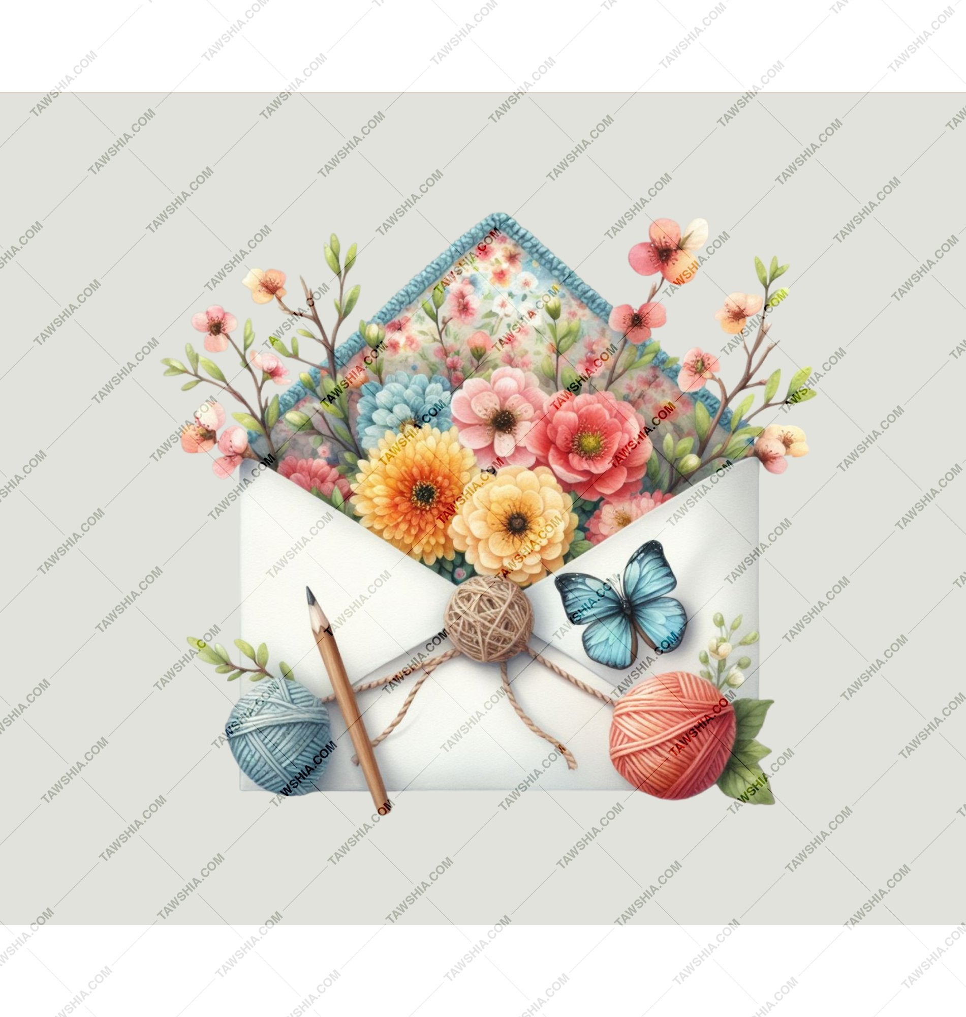 Floral Envelope with Yarn and Butterfly Art product