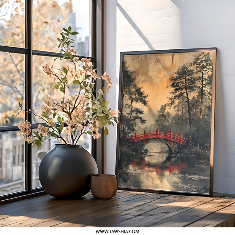 Red Bridge Japanese Wall Art, Oriental Scenery Print, Asian Landscape Decor, Peaceful River Artwork, Serene Wall Hanging - Tawshia