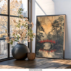 Red Bridge Japanese Wall Art, Oriental Scenery Print, Asian Landscape Decor, Peaceful River Artwork, Serene Wall Hanging - Tawshia