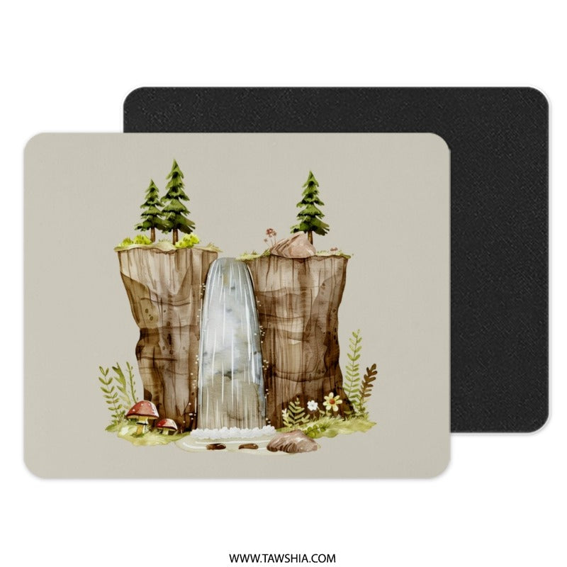 Waterfall Mouse Pad, Nature Scenery Art, Landscape Illustration Mousepad, Botanical Desk Decor, Forest Waterfall Gift, Computer Accessory - Tawshia