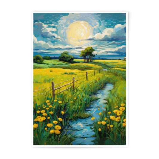 Sunny Meadow Photographic Print, Countryside Landscape Art, Yellow Flowers Field, Bright Sky Fine Art Print, Nature Photography, Wall Decor - Tawshia
