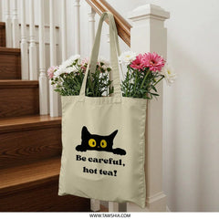Black Cat Tote Bag, Be Careful Hot Tea, Funny Cat Lover Gift, Unique Cat Design, Cute Kitty Bag, Shopping Bag, Book Bag - Tawshia