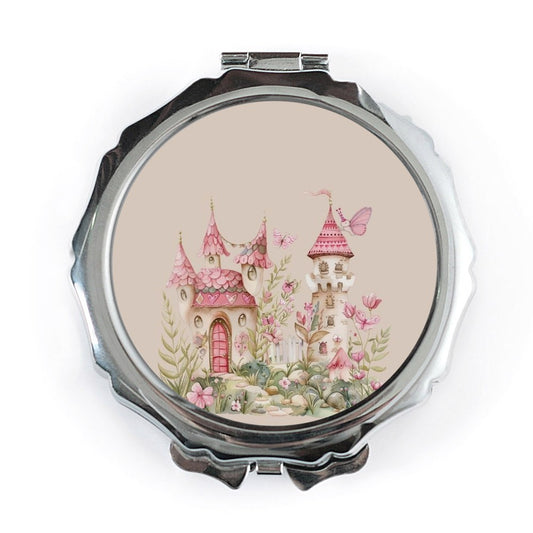 Fairy Castle Pocket Mirror, Pink Floral Castle Compact Mirror, Enchanted Kingdom Purse Mirror, Princess Gift, Fantasy Fairytale Mirror - Tawshia