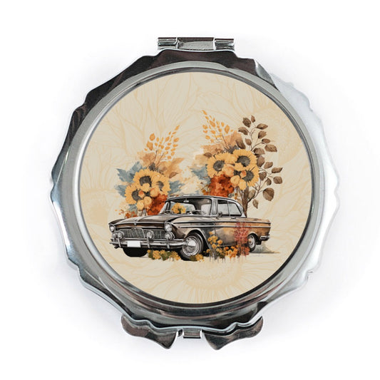 Vintage Car Mirror, Sunflower Art, Classic Auto Pocket Mirror, Car Lover Gift, Travel Mirror, Makeup Mirror, Retro Car Compact Mirror - Tawshia