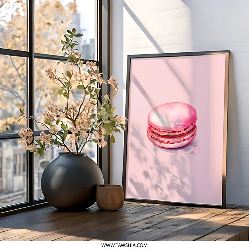 Pink Macaron Wall Art, Watercolor Food Print, Kitchen Decor, Pastel Art, Confectionery Gift, Dessert Wall Decor, Bakery Art Print - Tawshia