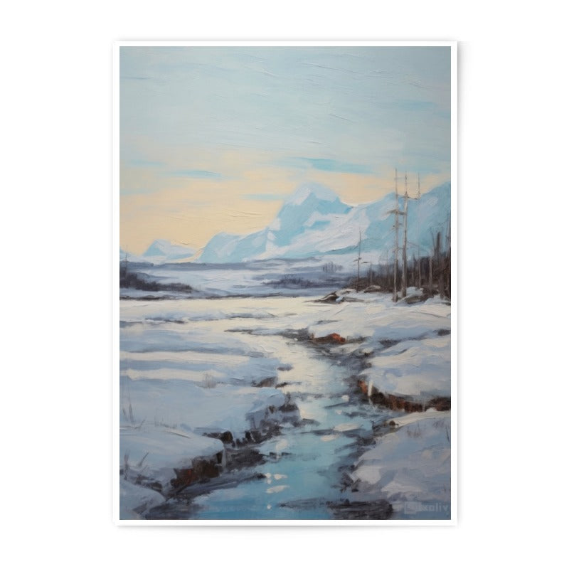 Winter Landscape Photographic Print, Mountain Scene Art, Snowy River Painting, Home Decor Wall Art, Cold Weather Print - Tawshia