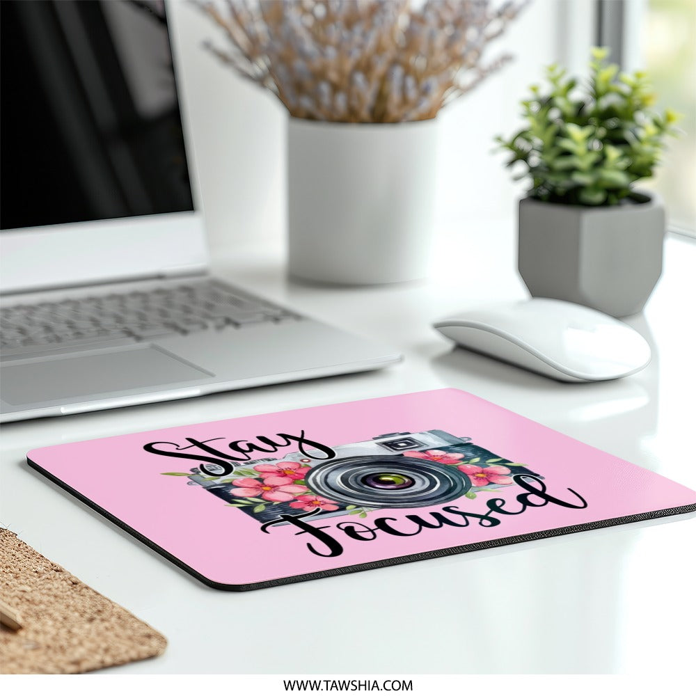 Stay Focused Mouse Pad, Camera Mousepad, Floral Mousepad, Photography Gift, Pink Mouse Pad, Office Decor, Work From Home, Desk Accessories - Tawshia