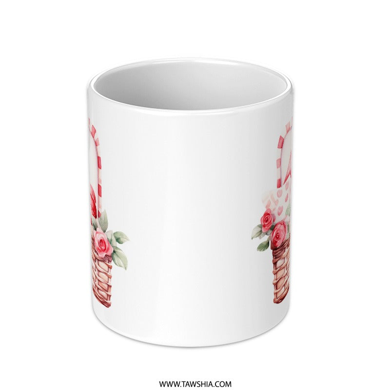 Floral Basket Mug, Roses Gift Mug, Cute Gift Mug, Watercolor Design Mug, Flowers Basket Mug, Valentine Mug, Special Occasion Mug - Tawshia