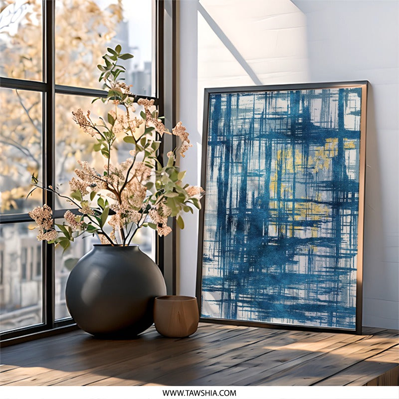 Abstract Blue Wall Art, Modern Minimalist Print, Geometric Decor, Brush Stroke Texture, Contemporary Wall Decor, Living Room Art - Tawshia