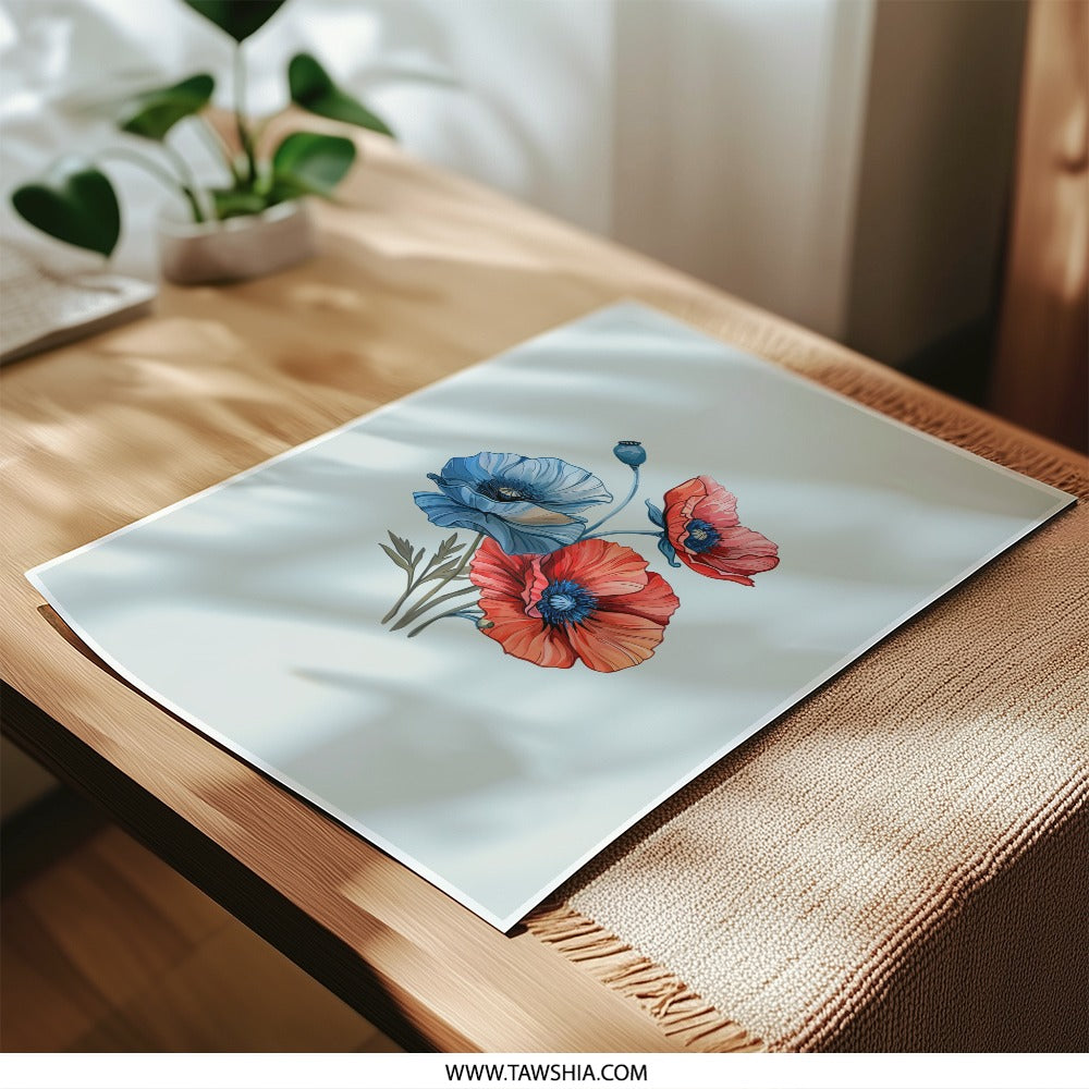Floral Photographic Prints, Poppy Artwork Prints, Botanical Wall Decor, Flower Photography, Red and Blue Flower Illustration, Home Decor - Tawshia