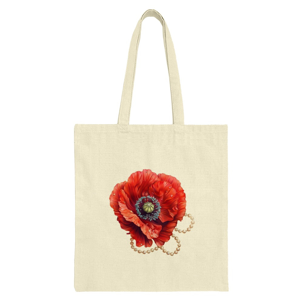 Poppy Flower Tote Bag, Red Floral Design, Pearl Accent, Stylish Tote Bag, Everyday Bag, Gift Idea, Fashion Tote - Tawshia