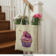 Cherry Cupcake Tote Bag, Watercolor Art, Foodie Gift, Pastry Lover, Bakery Design, Purple Pink, Sweet Treat, Dessert Bag, Cute Grocery Bag - Tawshia