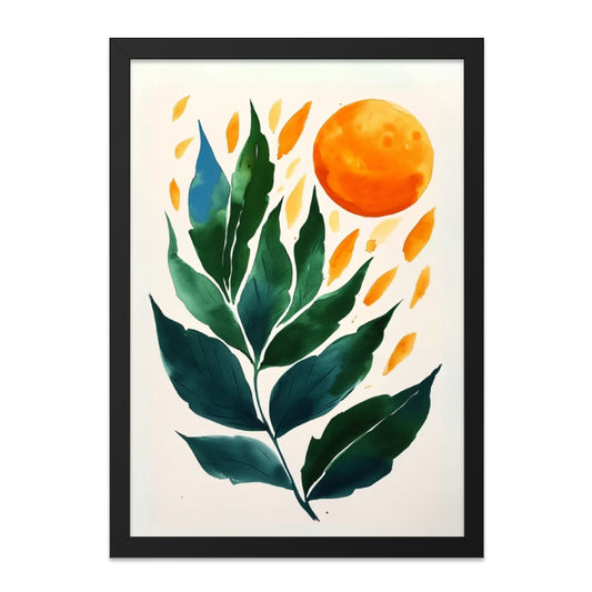 Watercolor Leaves Wall Art, Abstract Botanical Print, Orange Sun Art Print, Modern Home Decor, Nature Inspired Wall Decor, Framed Art - Tawshia