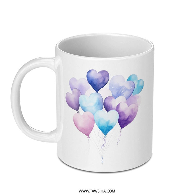 Heart Balloons Mug, Watercolor Heart Art, Unique Coffee Mug, Love Gift Idea, Valentine's Day Gift, Cute Mug SKU: MG10004214 - Tawshia