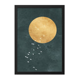 Minimalist Moon Wall Art, Flying Birds Print, Celestial Decor, Modern Home Art, Circle Graphic Print, Dark Teal, Home Decor Wall Art - Tawshia