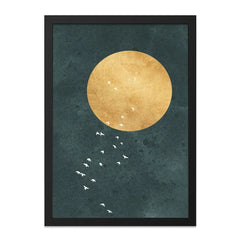 Minimalist Moon Wall Art, Flying Birds Print, Celestial Decor, Modern Home Art, Circle Graphic Print, Dark Teal, Home Decor Wall Art - Tawshia