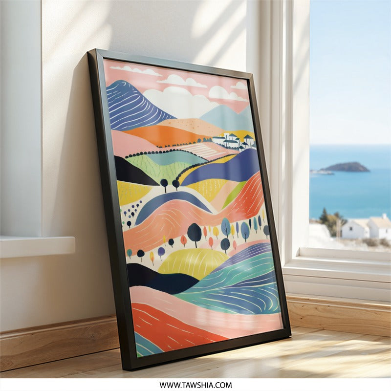 Colorful Landscape Wall Art, Abstract Mountain Print, Modern Countryside Painting, Scenic Field Illustration, Home Decor Wall Art - Tawshia