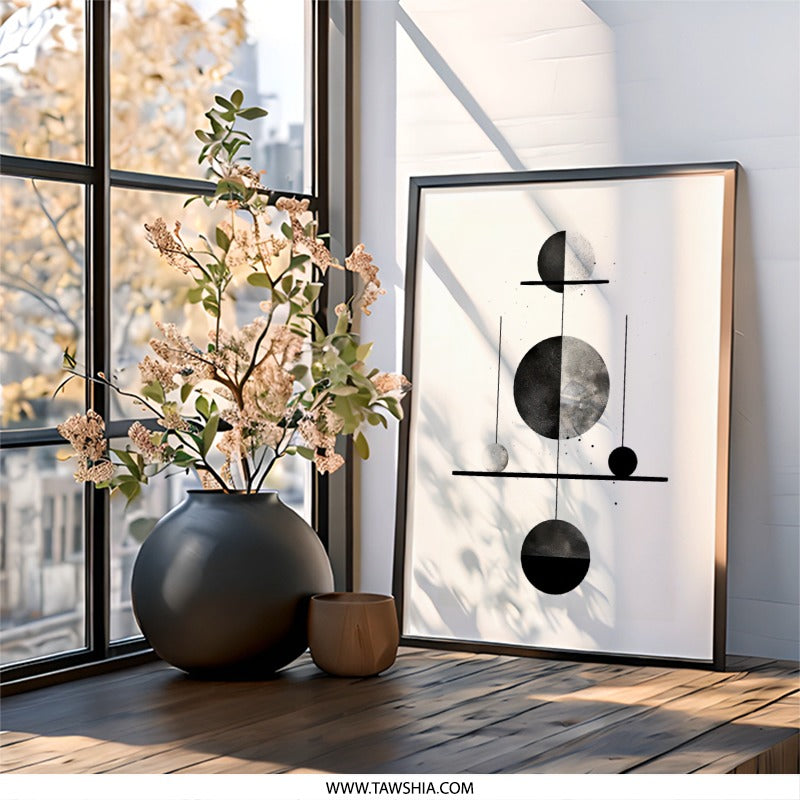 Abstract Balance Wall Art, Minimalist Geometric Print, Black and White Modern Art, Circle Shapes Design, Home Decor Wall Art - Tawshia