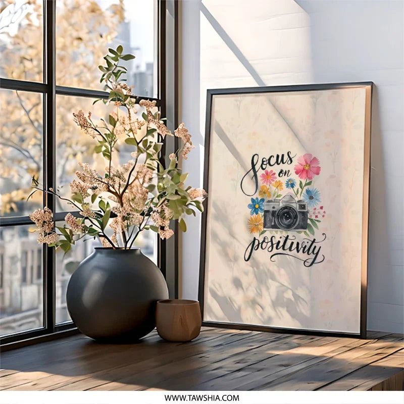 Focus on Positivity Wall Art, Camera and Floral Print, Inspirational Wall Decor, Positive Affirmation Art, Unique Home Decor - Tawshia