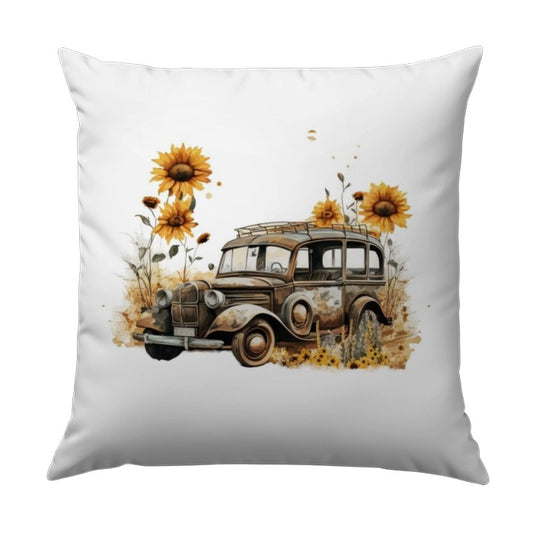 Rustic Car Pillow, Vintage Auto Decor, Sunflower Pillow, Antique Car Art, Farmhouse Throw Pillow, Unique Gift Idea, Home Decor Accent - Tawshia