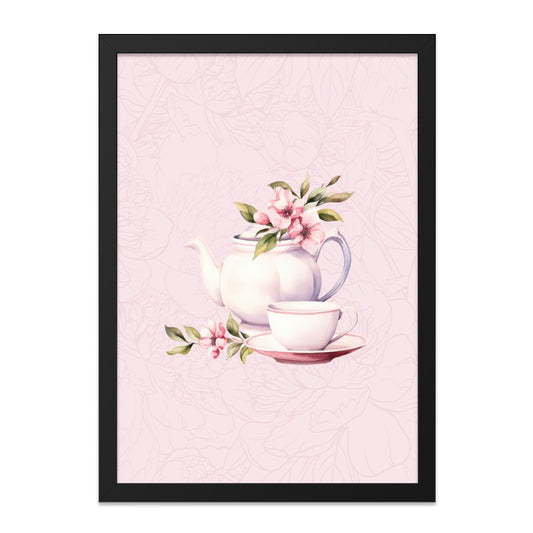 Teapot and Tea Cup Wall Art, Floral Tea Party Decor, Kitchen Art Print, Pink Flower Wall Decor, Watercolor Painting - Tawshia