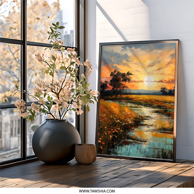 Sunset Landscape Wall Art, Impressionist Painting Print, Golden Hour Field, Scenic Nature Artwork, Serene River Home Decor - Tawshia