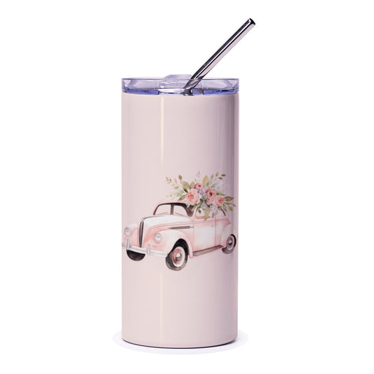 Pink Car Tumbler, Floral Bouquet Tumbler, Vintage Car Tumbler, Cute Car Gift, Unique Tumbler, Gift for Car Lover, Beverage Tumbler - Tawshia