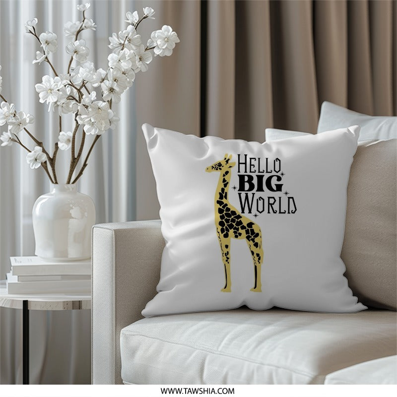 Hello Big World Giraffe Pillow, Cute Animal Pillow, Nursery Decor, Kids Room Accent, Baby Shower Gift, Unique Pillow Cover, Decorative - Tawshia
