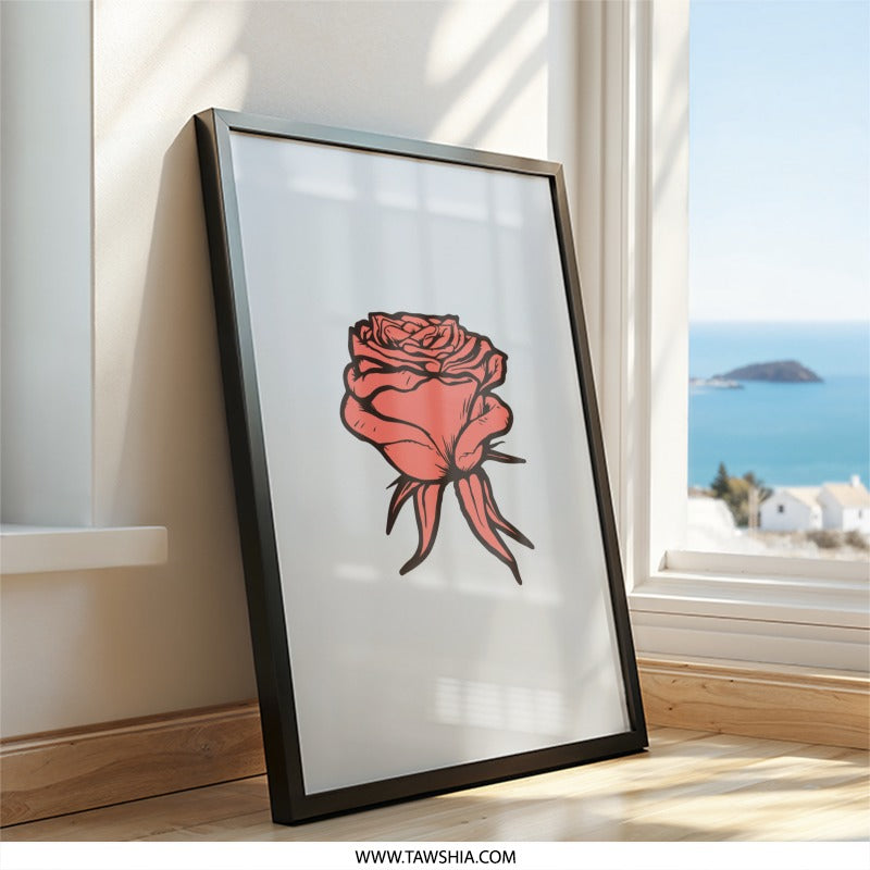 Coral Rose Wall Art, Floral Print, Botanical Art, Modern Home Decor, Elegant Flower Artwork, Framed Rose Illustration - Tawshia