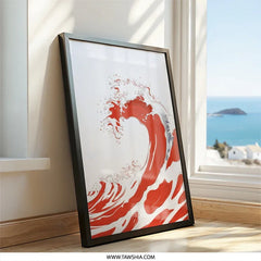 Red Wave Wall Art, Japanese Art, Ocean Wave Print, Minimalist Wall Decor, Coastal Art Print, Home Decor, Graphic Design Art (139) - Tawshia