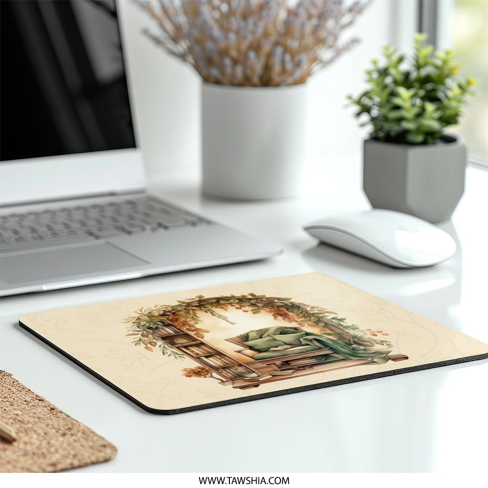 Cozy Reading Nook Mouse Pad, Autumn Leaves, Bookshelf Decor, Warm Home Office Accessory, Fall Decor Mousepad, Home Office Mousepad - Tawshia