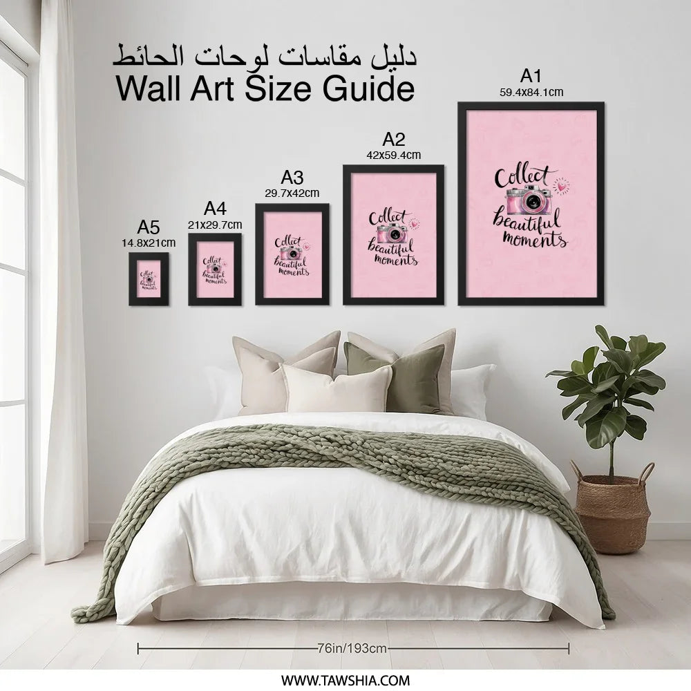 Collect Beautiful Moments Wall Art, Pink Camera Print, Inspirational Quote Decor, Photography Lover Gift, Modern Home Wall Decor - Tawshia