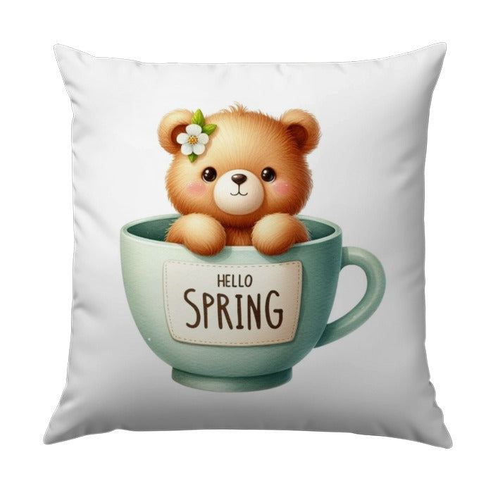 Spring Bear Pillow, Cute Teddy in Cup, Hello Spring Throw Pillow, Seasonal Decor, Whimsical Home Accent - Tawshia