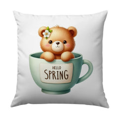 Spring Bear Pillow, Cute Teddy in Cup, Hello Spring Throw Pillow, Seasonal Decor, Whimsical Home Accent - Tawshia