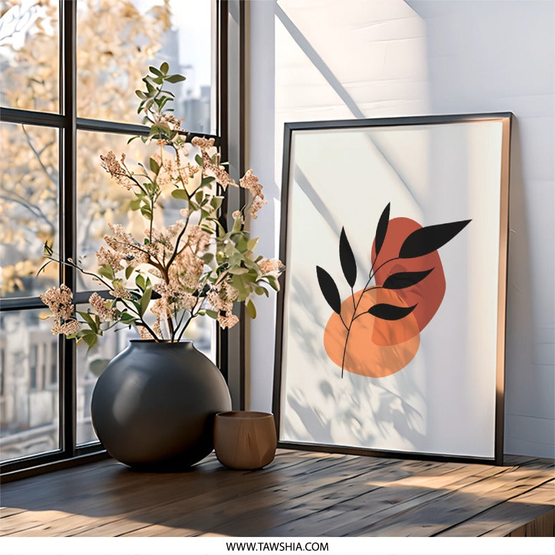 Abstract Leaf Wall Art, Minimalist Print, Botanical Artwork, Geometric Shapes, Modern Home Decor, Trendy Wall Hanging, Framed Art, Wall - Tawshia