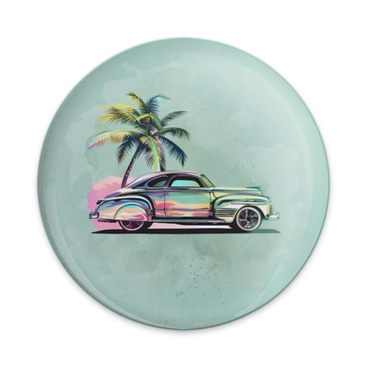 Vintage Car Pinback, Classic Car, Tropical, Beach, Palm Tree, Auto, Car Lover Gift, Retro Aesthetic, Colorful, Trendy Pinback - Tawshia