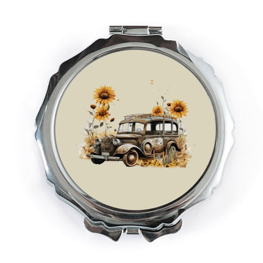 Vintage Car Pocket Mirror, Sunflower Decor, Unique Gift for Her, Antique Automobile Design, Travel Mirror, Cosmetic Mirror - Tawshia