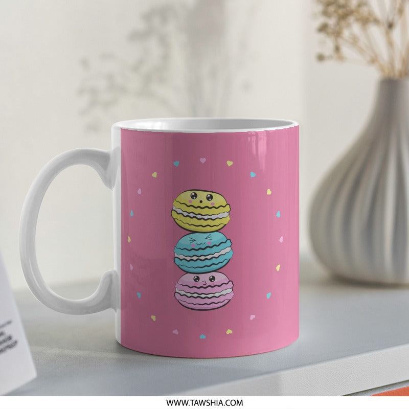Kawaii Macaron Mug, Cute Food Mug, Pastel Mug, Pink Coffee Mug, Dessert Lover Gift, Colorful Mug, Stacked Macarons, Unique Mug Design - Tawshia