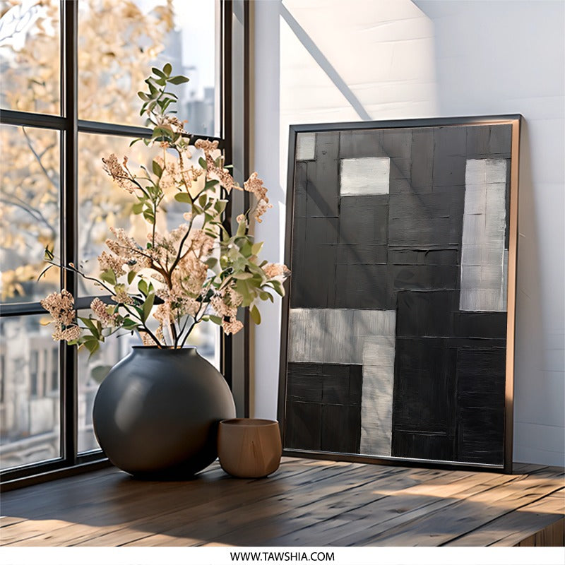 Abstract Geometric Wall Art, Black and Silver Painting, Modern Wall Decor, Contemporary Art Print, Minimalist Art, Living Room Art (134) - Tawshia