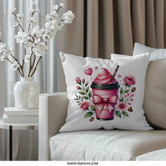 Pink Drink Pillow, Coffee Pillow, Floral Pillow, Hearts, Cute Pillow, Decorative Pillow, Home Decor, Gift For Her, Pillow Cover - Tawshia