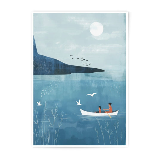 Peaceful Boat Ride Photographic Print, Father and Son Art, Lake Scene Print, Calm Water Artwork, Birds in Flight Photo Print, Nature - Tawshia