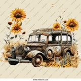 Vintage Car Pinback Button, Sunflower Button, Rustic Vehicle Button, Antique Car Gift, Classic Car Lover Gift, Aesthetic Accessories - Tawshia
