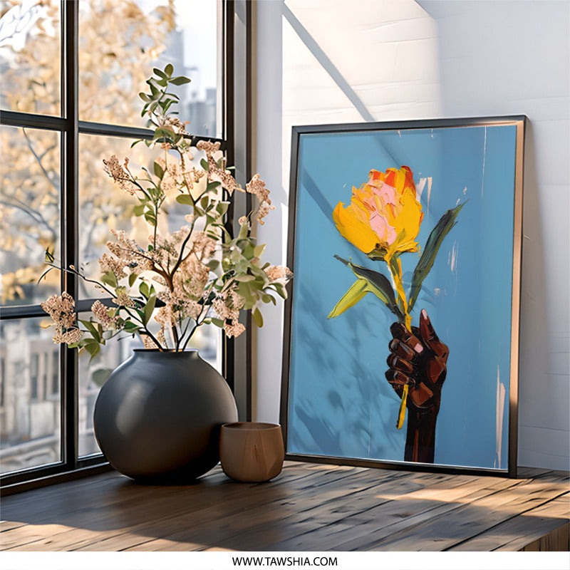Floral Wall Art, Flower Painting, Hand Holding Flower, Modern Wall Decor, Statement Art Print, Trendy Wall Art, Gift Idea - Tawshia