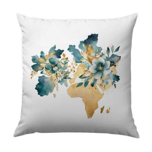Floral World Map Pillow, Teal Gold Accent, Decorative Throw Cushion, Stylish Home Decor, Elegant Pillow, Unique Design, Accent Pillow - Tawshia