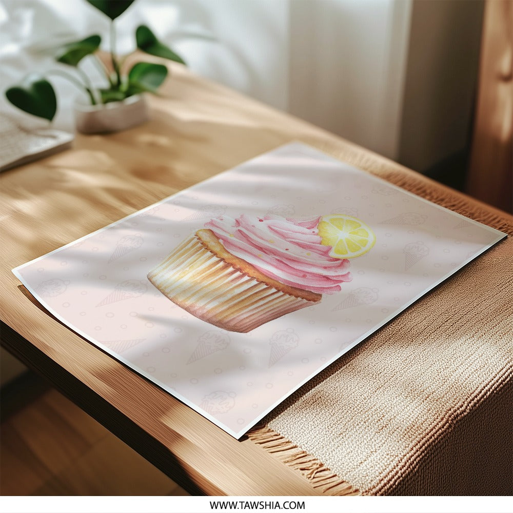 Pink Lemonade Cupcake Photographic Print, Sweet Treat Wall Art, Food Illustration, Dessert Decor, Kitchen Art Print, Baking Art - Tawshia