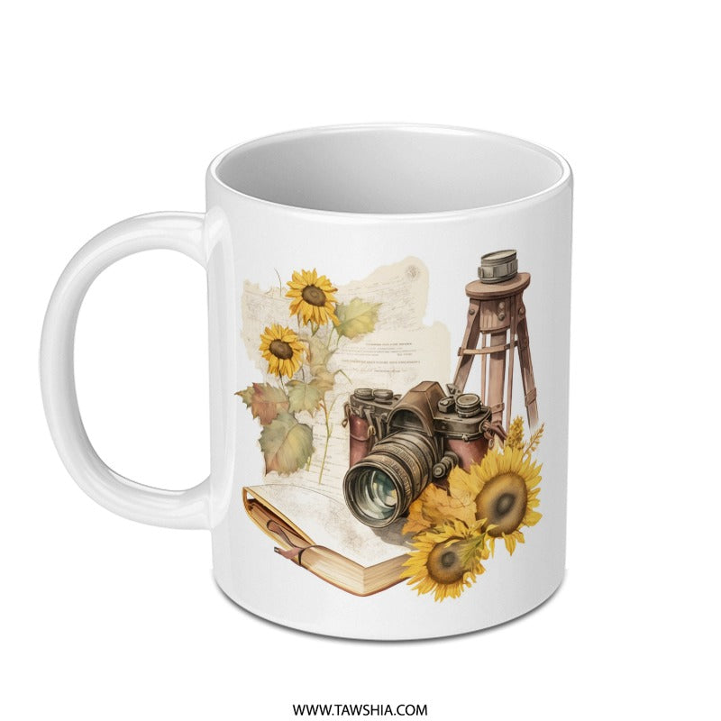Vintage Camera Mug, Sunflower Coffee Cup, Photographer Gift, Rustic Photo Gear Tea Mug, Nature Lover Drinkware, Unique Gift for Camera Fan - Tawshia