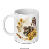 Vintage Camera Mug, Sunflower Coffee Cup, Photographer Gift, Rustic Photo Gear Tea Mug, Nature Lover Drinkware, Unique Gift for Camera Fan - Tawshia