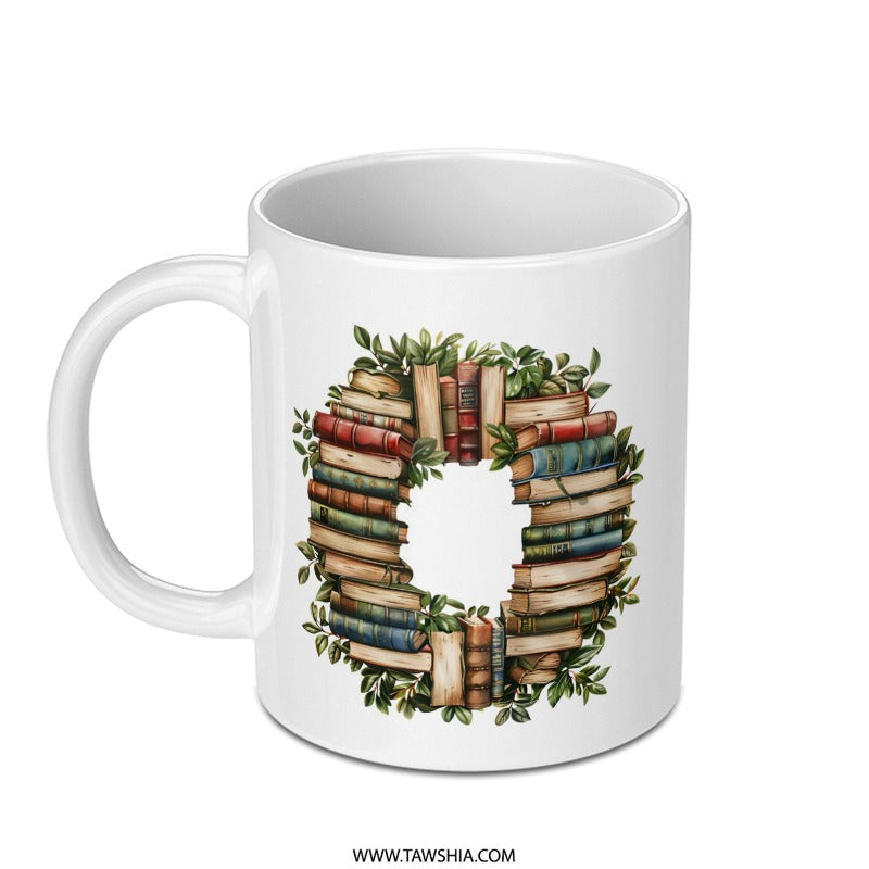 Book Lover Mug, Reader Gift Mug, Floral Book Stack Mug, Book Wreath Mug, Coffee Mug for Bookworms, Bookish Mug - Tawshia